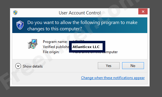 Screenshot where Atlanticsx LLC appears as the verified publisher in the UAC dialog